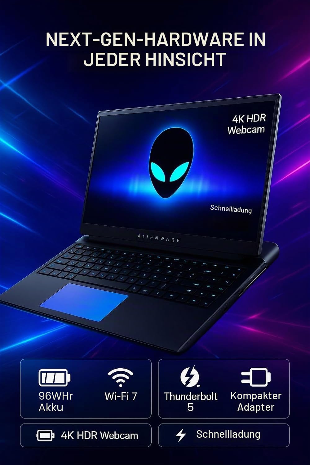 Alienware 18 Area-51 Gaming Laptop - Intel 24-Core U9 275HX, GeForce RTX 5080 16GB GDDR7, 18 Zoll QHD+ 3000Hz Display, Wi-Fi 7, Ai NPU, 4K Kamera, Quad Fan Cooling, AlienFX RGB (64GB DDR5, 8TB SSD)