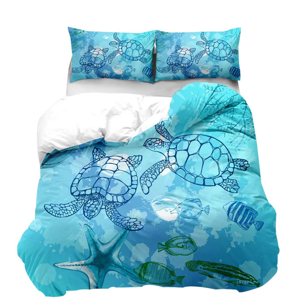 Loussiesd Turtle Duvet Cover Set Single Size 3D Print Sea Animal Bedding Set Blue Starfish Comforter Cover Soft Microfiber Polyester with 2 Pillow Shams, Zipper, Marine Life, 3 Pieces