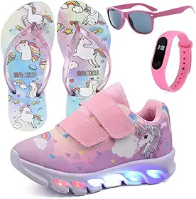 Tenis Infantil De Led Unicornio Calce Facil Meninas LIGHT + Chinelo Oculos Relogio