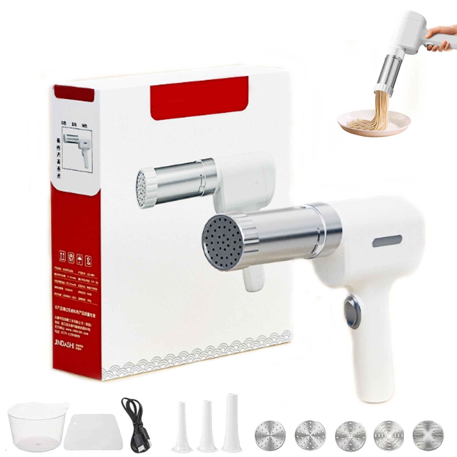 Idiyappam Maker Electric, 2025 New Summer Snow Idiyappam Maker, Handheld Electric Pasta Maker, 5-In-1 Cordless Pasta Machine,Cutters And Sausage Stuffing Tube, with 5 Noodle Molds (White)