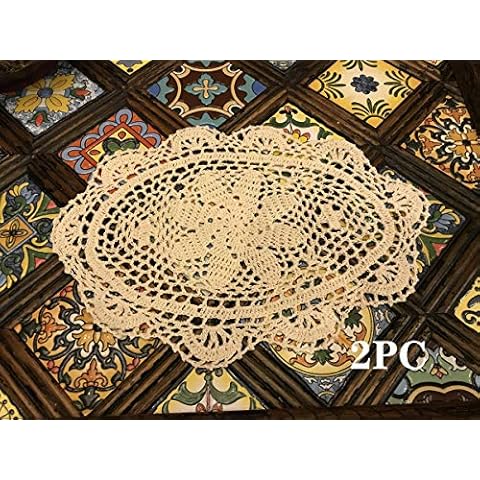 Janef Beige Handmade Crochet Cotton Table mats Lace Doilies Doily Oval Lace Placemats 10 by 14 Inches 2PC. Cover