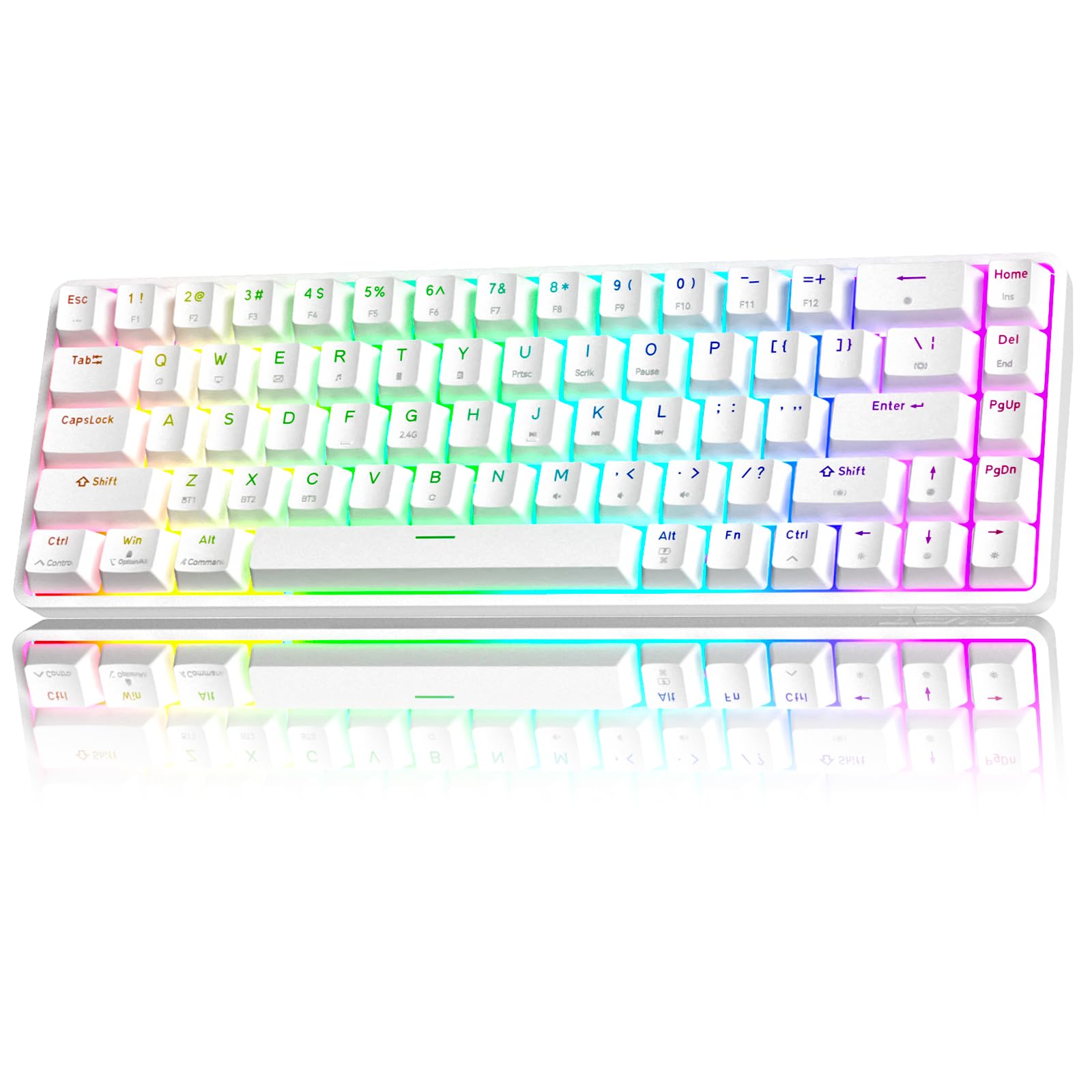 TMKB T68 Kabellose Mechanische Gaming-Tastatur, Tri-Mode (Bluetooth 5.0/2.4GHz/USB-C), 60% RGB Tastatur mit 68 Tasten (QWERTY Layout), Red Switches - Weiß