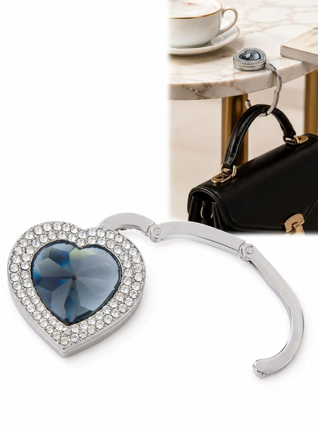 Premsons® Foldable Purse Holder Hook - Handbag Hanger for Table Desk - Bling Rhinestone Bag Holder for Women - Heart Shape - Grey-image-45