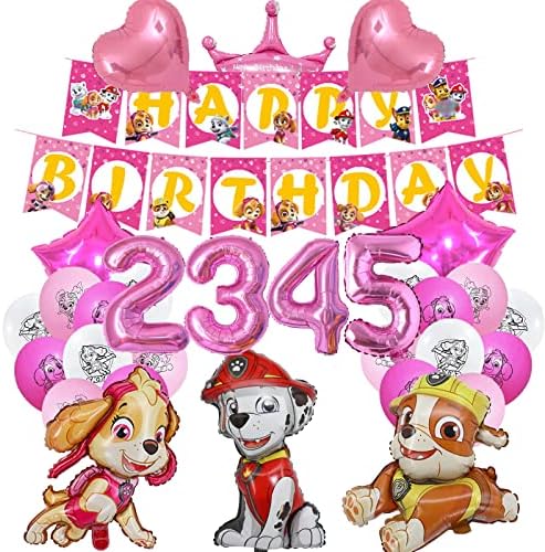 2-5st Birthday Party Decoration Set, Party Backdrop Decor for Girls, DOG Patrol theme birthday party balloons include banner pull flag,spiral pendant, Foil balloons and ribbons etc.