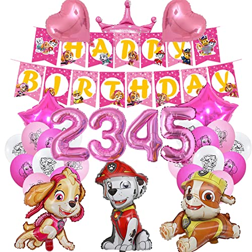 2-5St Birthday Party Decoration Set, Party Backdrop Decor For Girls, Dog Patrol Theme Birthday Party Balloons Include Banner Pull Flag,Spiral Pendant, Foil Balloons And Ribbons Etc. #TOP2