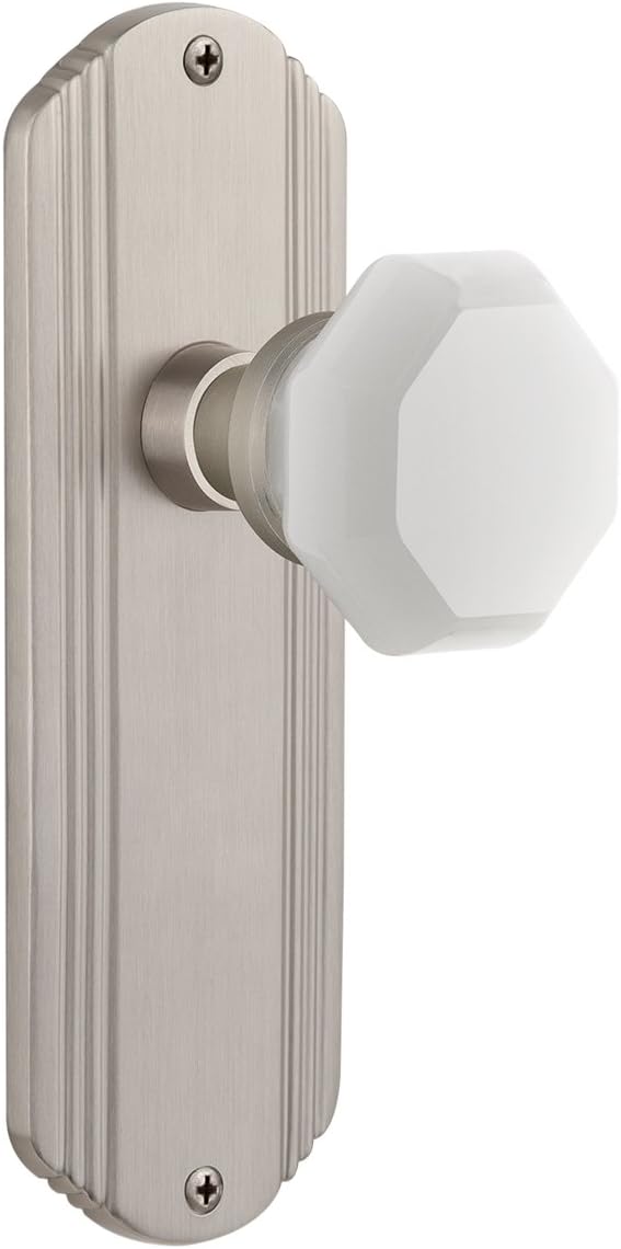 Nostalgic Warehouse 748032 Deco Plate Waldorf White Milk Glass Knob, Passage-Backset Size: 2.375", Antique Brass