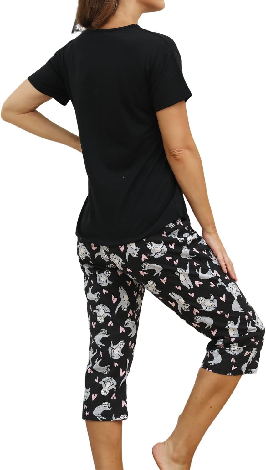 Inadays Womens Cotton Pajama Sets Short Sleeve Top With Capri Pants 2 piece sets for Women Summer Pajamas Lounge Set - Image 4