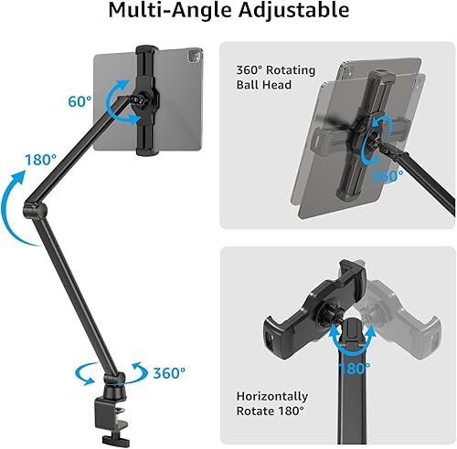 Miniatura 5 de BEWISER Soporte para tableta, soporte para tableta, soporte de escritorio, gira 360 grados de flexibilidad, altura y ángulo ajustable, brazo largo