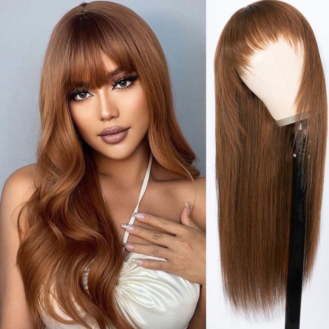 Straight Human Hair Wigs with Bangs Chocolate Brown Layered Cut Glueless Wigs Human Hair Ready to Wear Wig 4# Brown Wig Human Hair Color 16 inch - Image 4