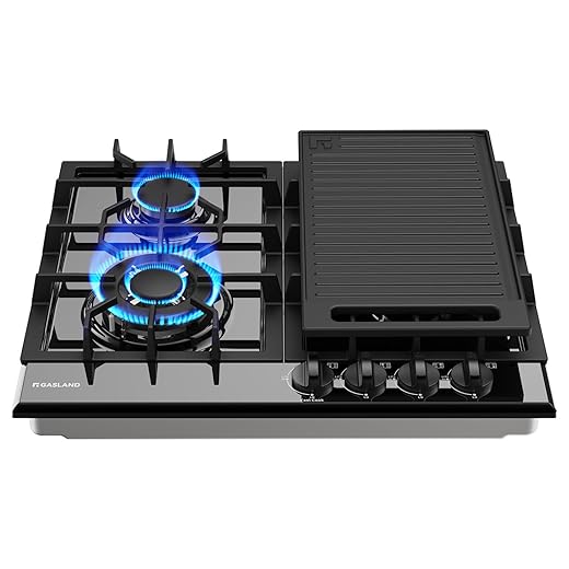 GASLAND 24 Inch Gas Cooktop with Griddle 4 Burners, GH60EF Drop-in Propane Stove Top with Thermocouple Protection, LPG/NG Convertible Dual Fuel Natural Gas Hob, Black