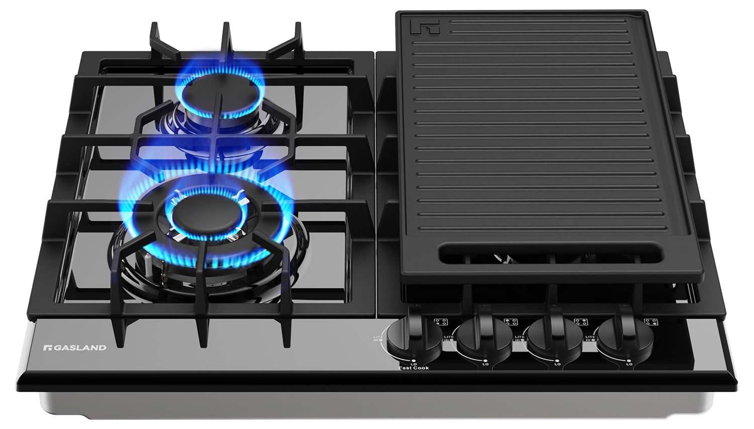GASLAND 24 Inch Gas Cooktop with Griddle 4 Burners, GH60EF Drop-in Propane Stove Top with Thermocouple Protection, LPG/NG Convertible Dual Fuel Natural Gas Hob, Black