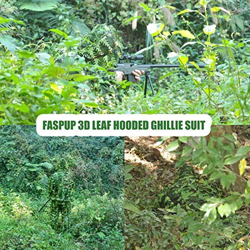 3D Leaf Ghillie Suit Ghillie Jackets and Pants Camouflage Clothing Hooded Hunting Suits for Children Youth Adult Airsoft Paintball Shooting Airsoft Wildlife Photography Halloween (Medium, Green)