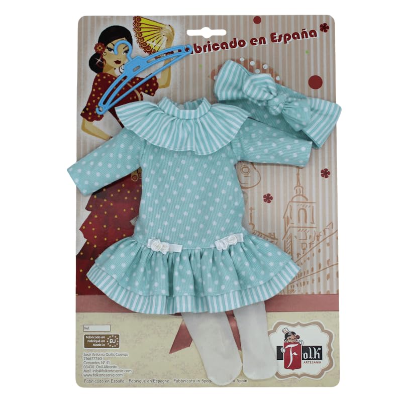 Set Ropa muñeca Folk Artesanía Vestido Lunares Azul y Calcetines para muñecas colección Sintra, Simona, Mari's, Pepa's o Naia 41 cm.