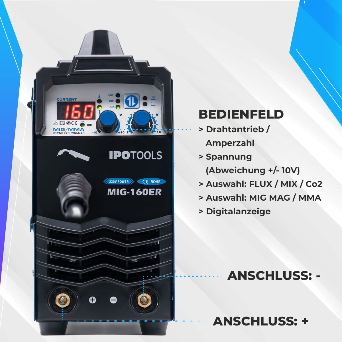 IPOTOOLS MIG-160ER Inverter Schweißgerät MIG MAG - Schutzgas Schweissgerät mit 160 Ampere auch FLUX/Fülldraht und Elektroden geeignet/E-Hand/Digitalanzeige/IGBT / 230V / 7 Jahre Garantie