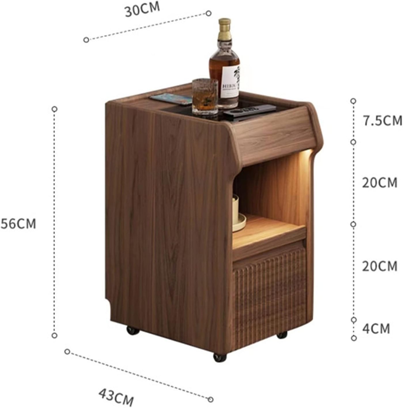 Massief houten nachtkastje modern klein nachtkastje ultra-smalle 30 cm breedte zwarte walnoot slaapkamer opbergkast met 2 lades en open plank