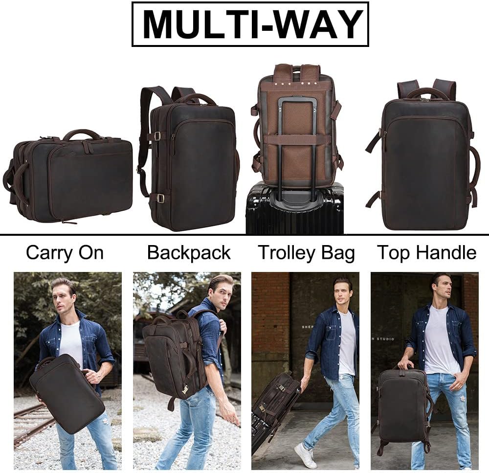 Masa Kawa Leather 15.6 Inch Laptop Backpack for Men Expandable 36L Business Travel Rucksack Daypack Weekender Bag - Image 5