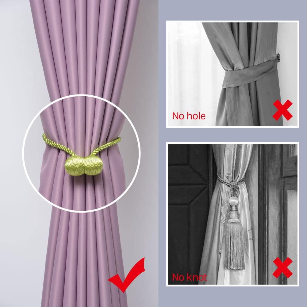 NICEEC 4 Pack Upgrade Magnetic Curtain Tiebacks 16 Inch Handmade Weave Rope Curtain Holdbacks Convenient Decorative Round Curtain Drape Tie Backs for Home & Office Window Drapery (Tender Green)