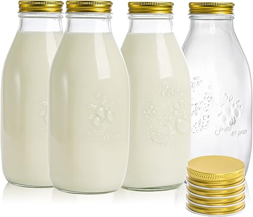 ZOOFOX Paquete de 4 botellas de leche de vidrio de 32 onzas con tapas, recipiente de leche vintage para refrigerador, botellas de jugo de vidrio,