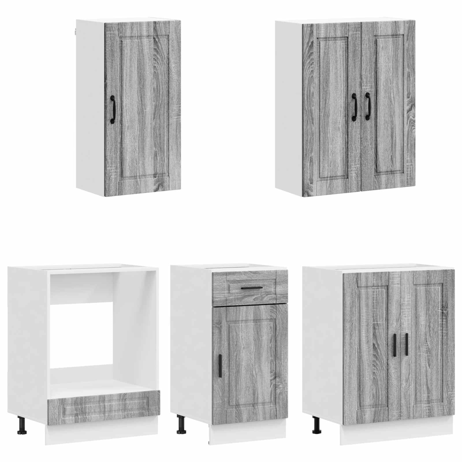 Küchenzeile Porto 5-teilig Küchenblock aus Holzwerkstoff, Moderne Miniküche Einbauküche Grau Sonoma, Küchenschrank Set mit Wand- und Unterschränken für Singleküche