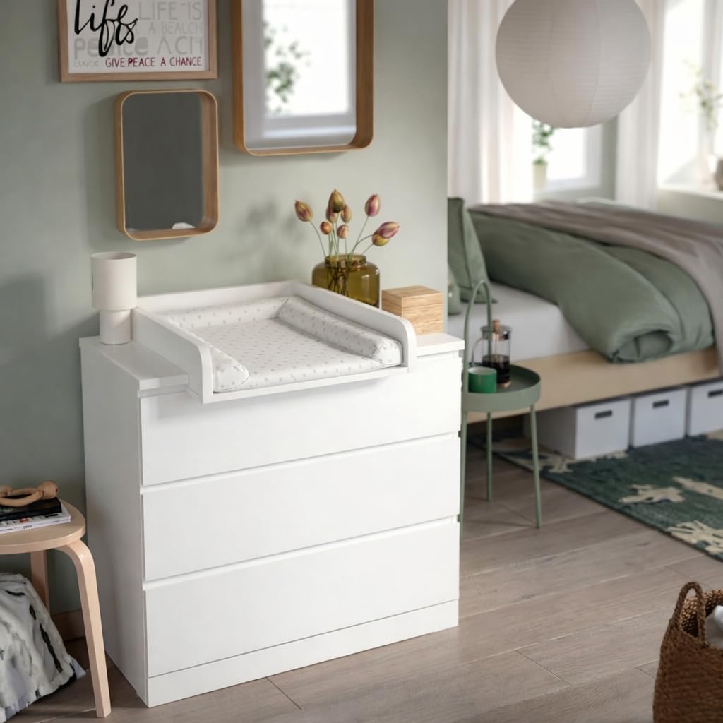 Plan à langer, Côtés arrondis, 53,2 x 70 cm, Blanc | Réglable extensible 34–50 cm, Table à langer bébé, Bords surélevés
