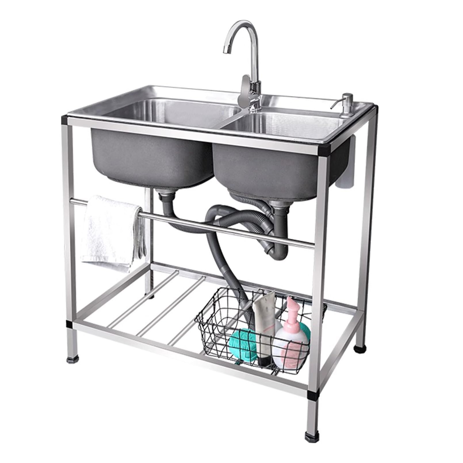 LMYSXAOZ 2 Compartment Kitchen Sink, Commercial Restaurant Sink with Drainer Unit and Tap, Stainless Steel Double Bowl Station, Outdoor Utility for Bar Hotel