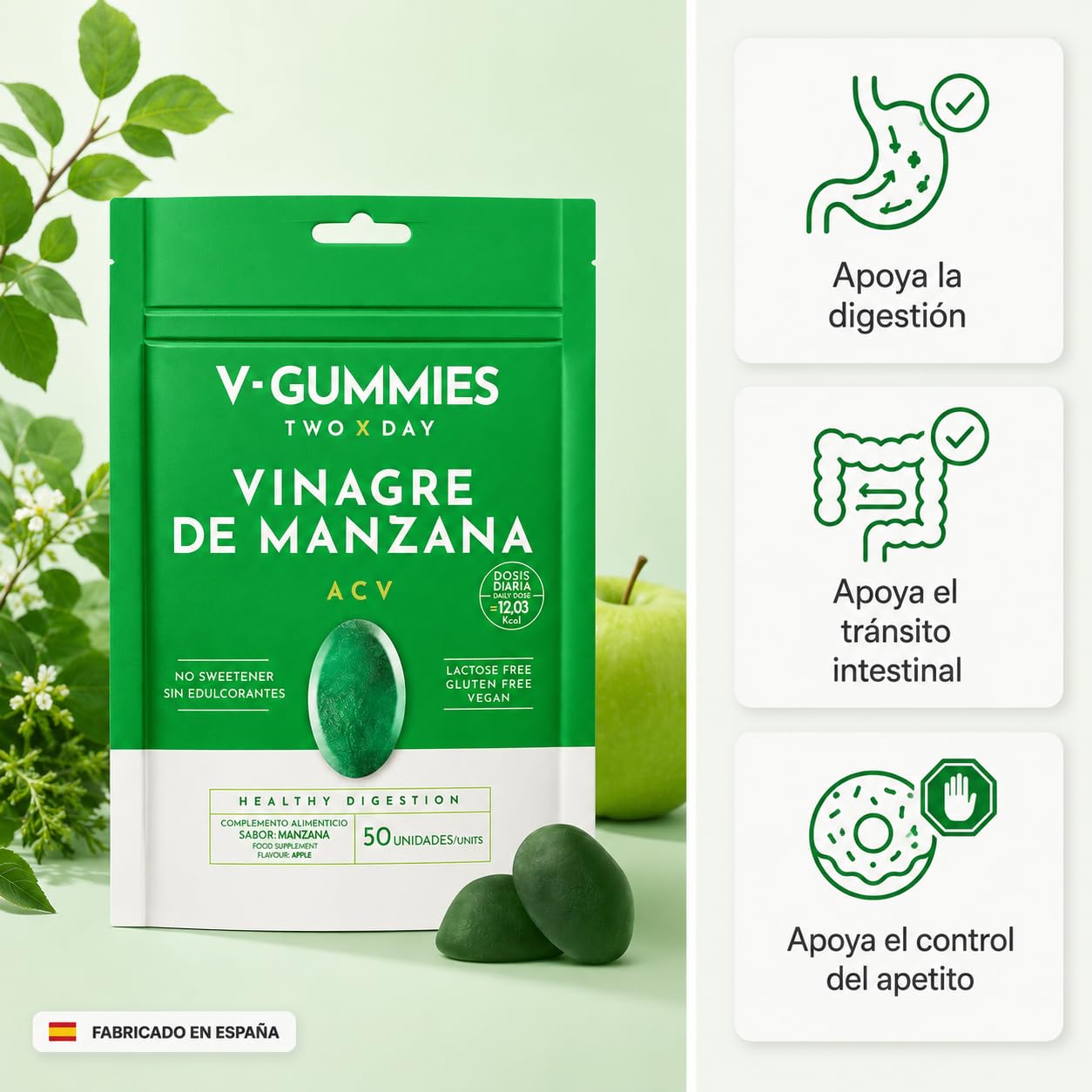 V Gummies - Gominolas de Vinagre de Manzana para Salud Digestiva - Apple Cider Vinegar Gummies - Sabor Natural a Manzana con Vitamina C y Pectina - 50 Unidades