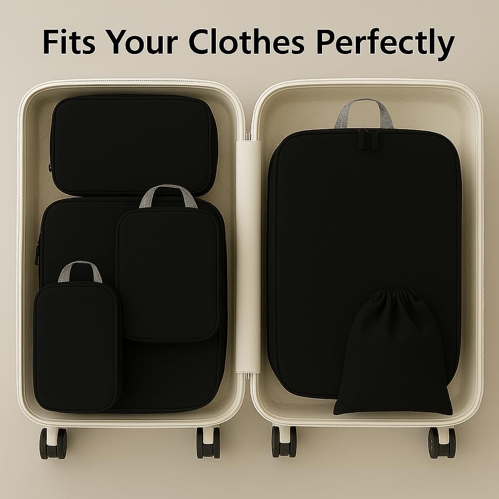 8 Set Compression Packing Cubes – Space-Saving, Lightweight, Expandable Luggage Organizers, Durable Travel Accessories for Suitcase, Carry-On, Vacation & Includes Aroma Sachet. (black)