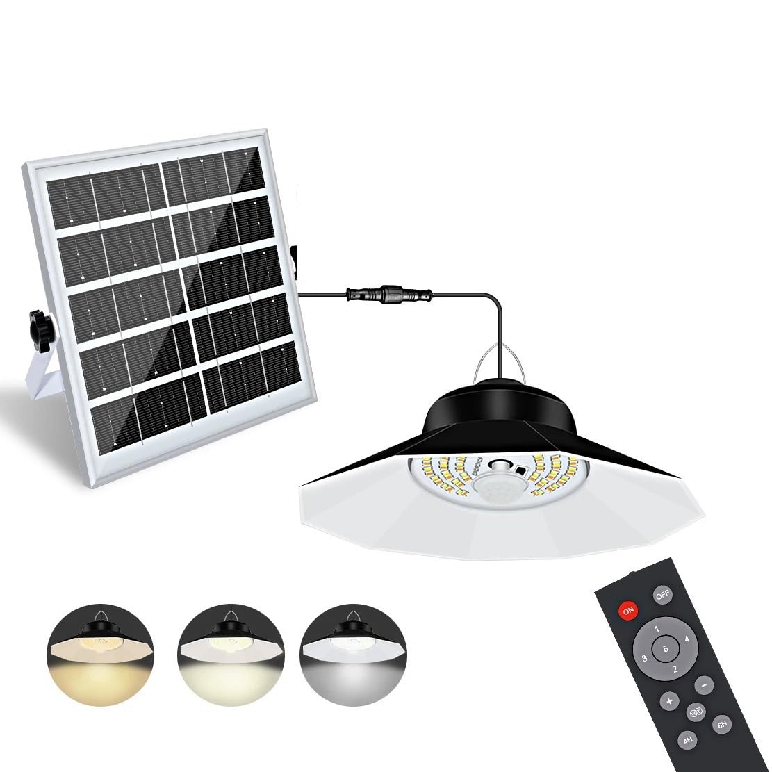 Luce solare for esterni e interni con 3 colori e 4 modalità di luminosità, funziona giorno e notte, luci a sospensione alimentate a energia solare for capannoni, garage, cortile(Single head)