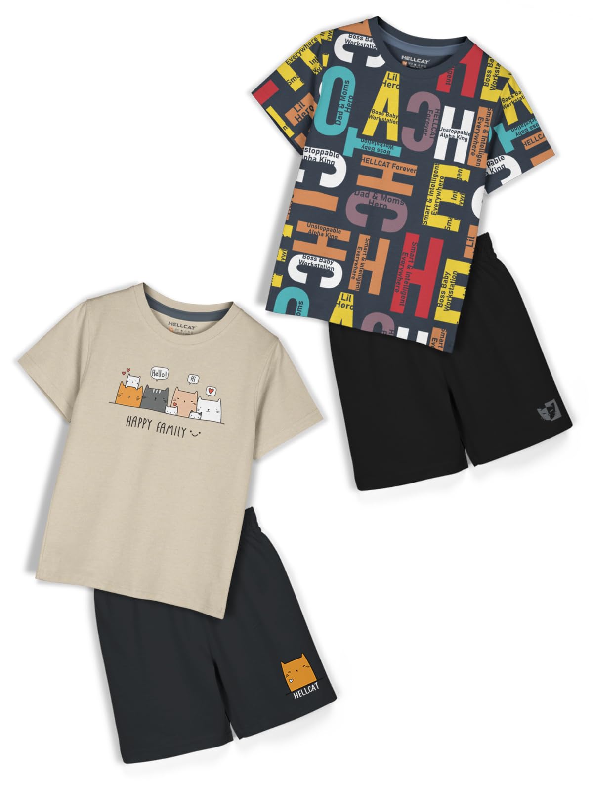 HELLCAT Boys Dress Clothing Set Combo with Tshirts & Shorts - Pack 2