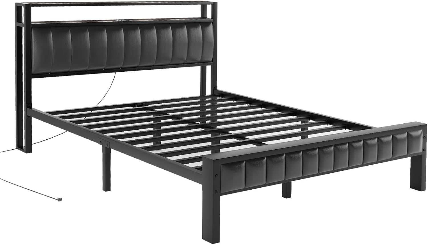 AMERLIFE Queen Size Platform Bed Frame, LED Bed Frame with PU Leather & Charging Station, 2-Tier Storage Headboard/No Box Spring Needed/Noise Free, Black & Rustic Brown