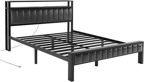 Miniatura 8 de AMERLIFE Base de cama de plataforma de tamaño matrimonial, marco de cama LED con piel sintética y estación de carga, cabecera de almacenamiento de 2