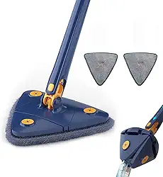 Mop giratório de 360 °, esfregão seco e úmido ajustável giratório de 360 graus, esfregão de torção automático de microfibra triangular com cabo longo, para limpeza de teto, janela e rodapé. (azul)