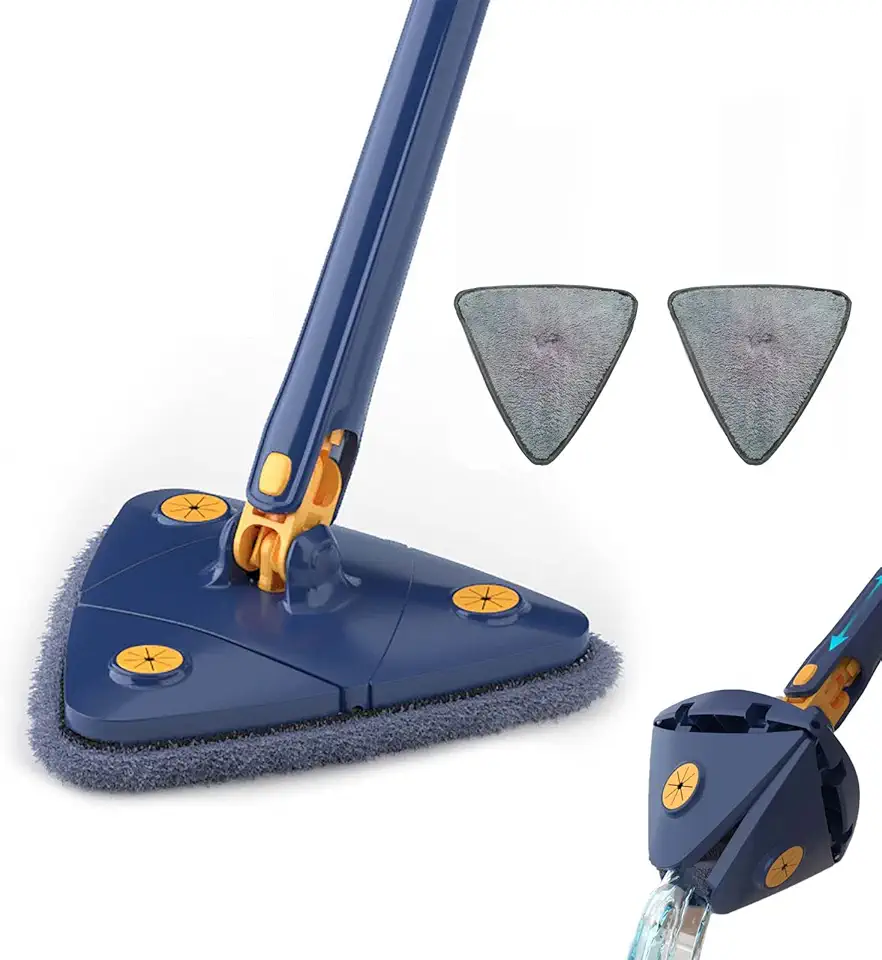 Mop giratório de 360 °, esfregão seco e úmido ajustável giratório de 360 graus, esfregão de torção automático de microfibra triangular com cabo longo, para limpeza de teto, janela e rodapé. (azul)