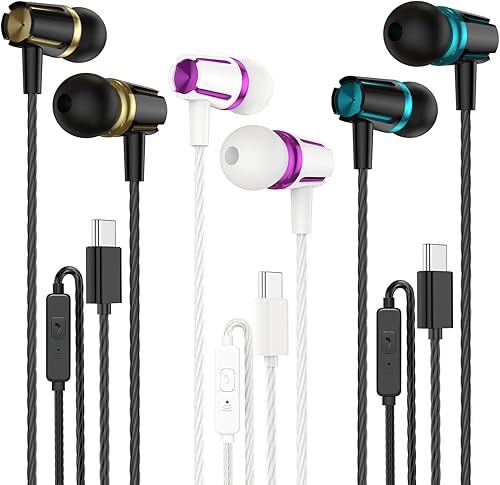 Rayleigh Paquete de 3 auriculares USB C con micrófono, auriculares con cable con graves pesados, auriculares tipo C con aislamiento de ruido, Negro