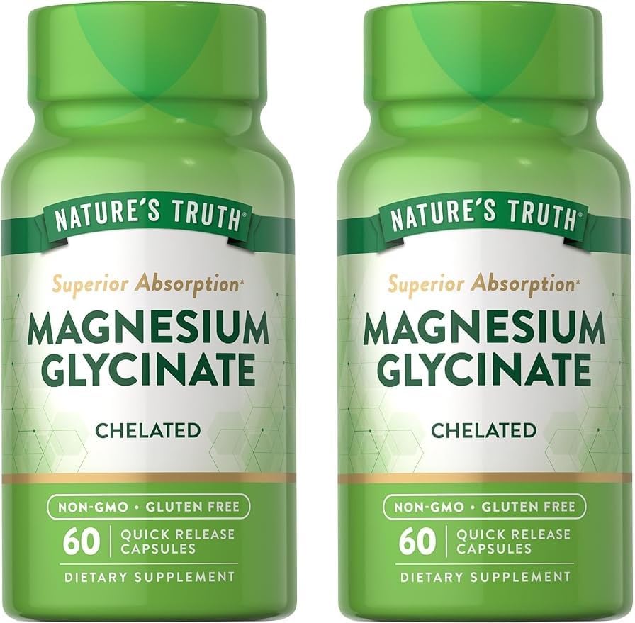 Magnesium Glycinate Capsules | 200mg | 60 Count | Chelated Superior Absorption Formula | Non-GMO & Gluten Free Supplement | by Nature's Truth (Pack of 2)