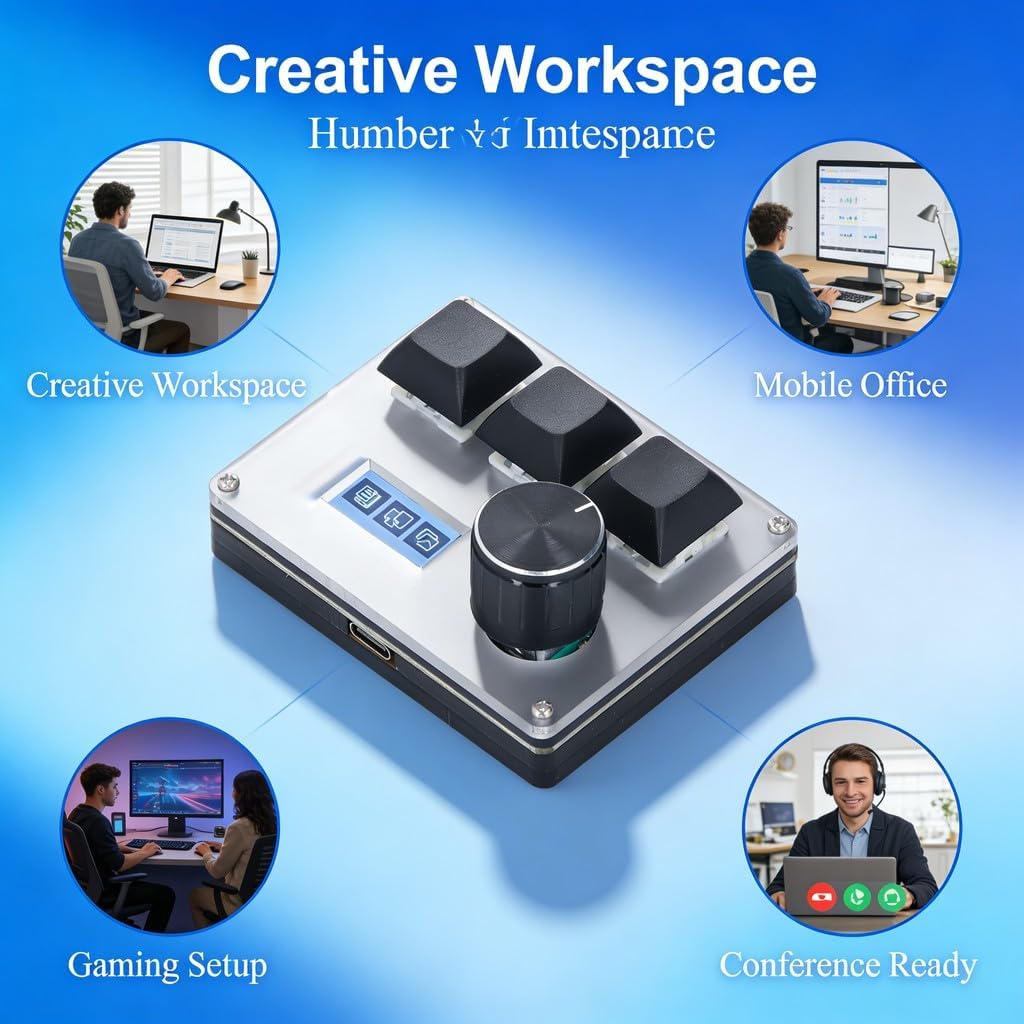 3 Keys Small Keyboard Wired Keypad with Knob, RGB Light, Macro Hot Swap, 0.96 Inch Color LCD Screen - Customizable Setup, Durable Acrylic, Efficient Control
