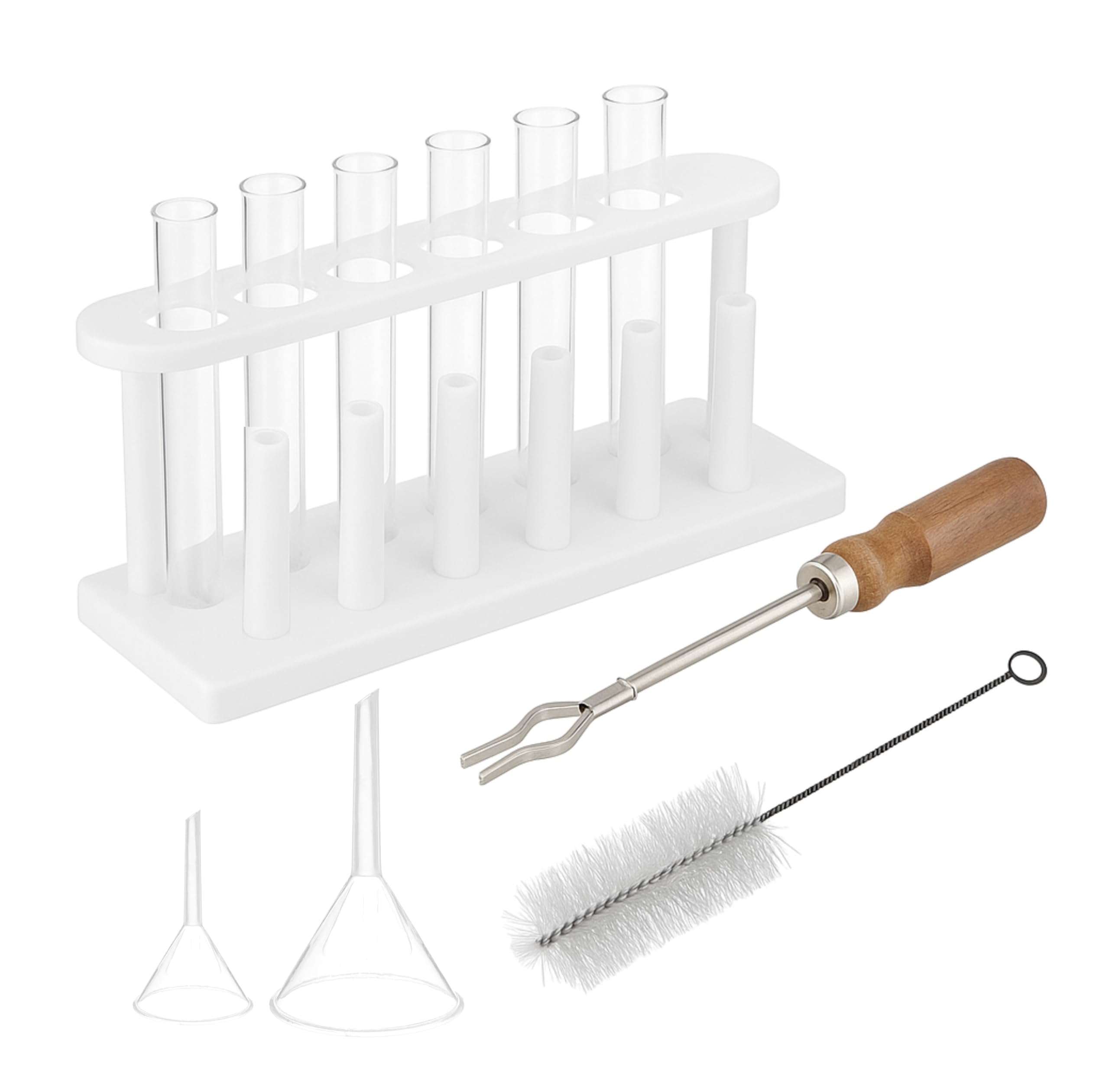 Labxport Borosilicate Glass Test Tubes 15X125MM (6 pcs) with Plastic Test Tube Stand (White) and Test Tube Holder with Free Test Tube Cleaning Brush & 2 Plastic Funnel Combo of 11 Products