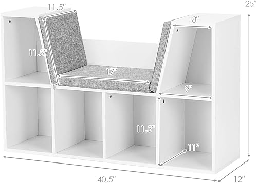 Miniatura 11 de HONEY JOY Organizador de rincón de lectura con cojín de asiento, estantería para niños con rincón de lectura, estante de almacenamiento de esquina