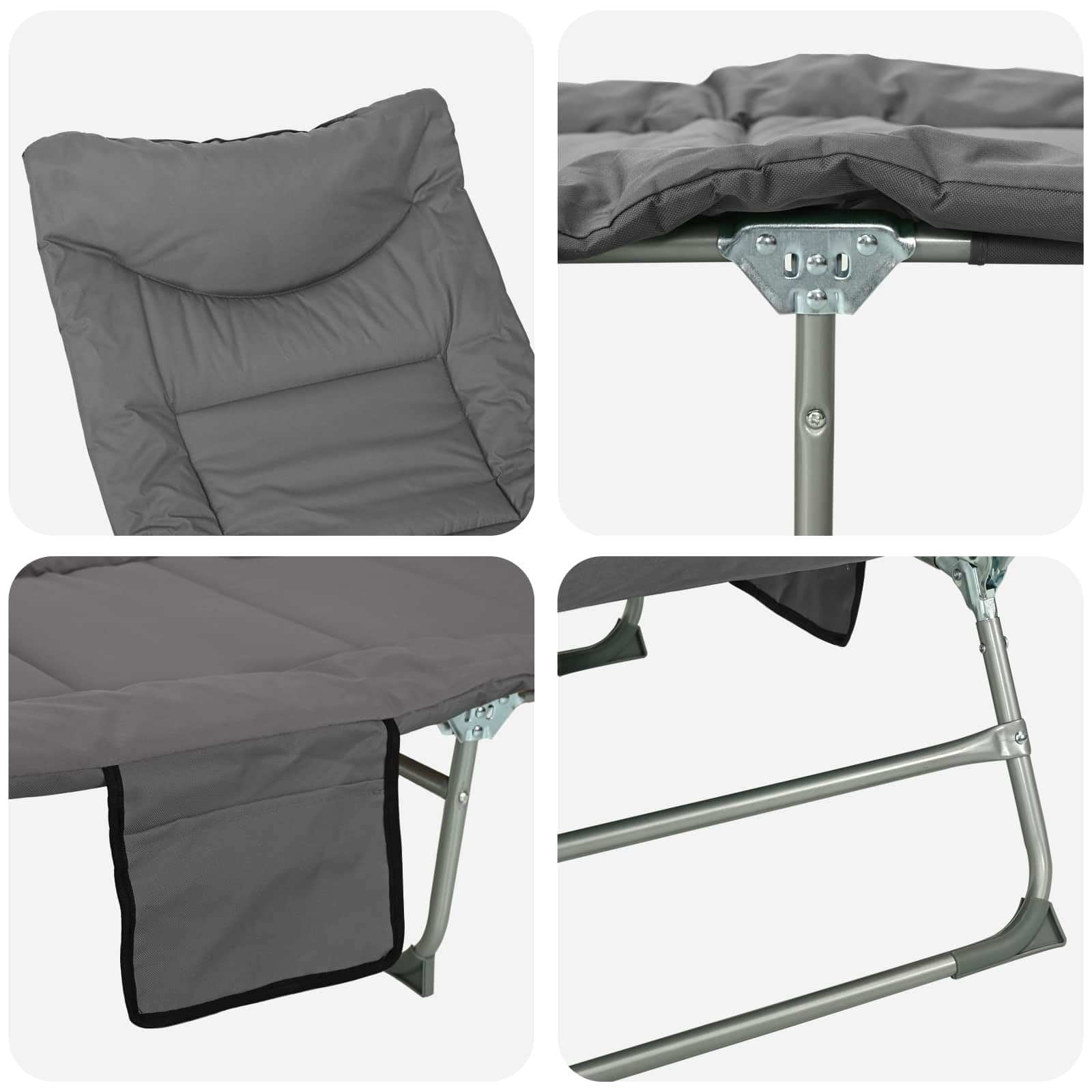 Genérico - Hamaca plegable de acero resistente con cojín (2 unidades), color gris | Poliéster Oxford, Respaldo de 5 posiciones, Bolsillo lateral, Pies antideslizantes, Plegable