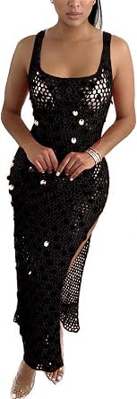 Ecirod Womens Sequin Crochet Maxi Tank Dress Summer Beach Cover Ups Sexy Cut Out Slit Sleeveless Dresses