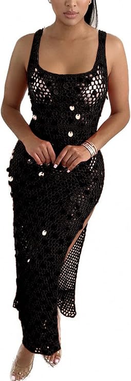 Ecirod Womens Sequin Crochet Maxi Tank Dress Summer Beach Cover Ups Sexy Cut Out Slit Sleeveless Dresses