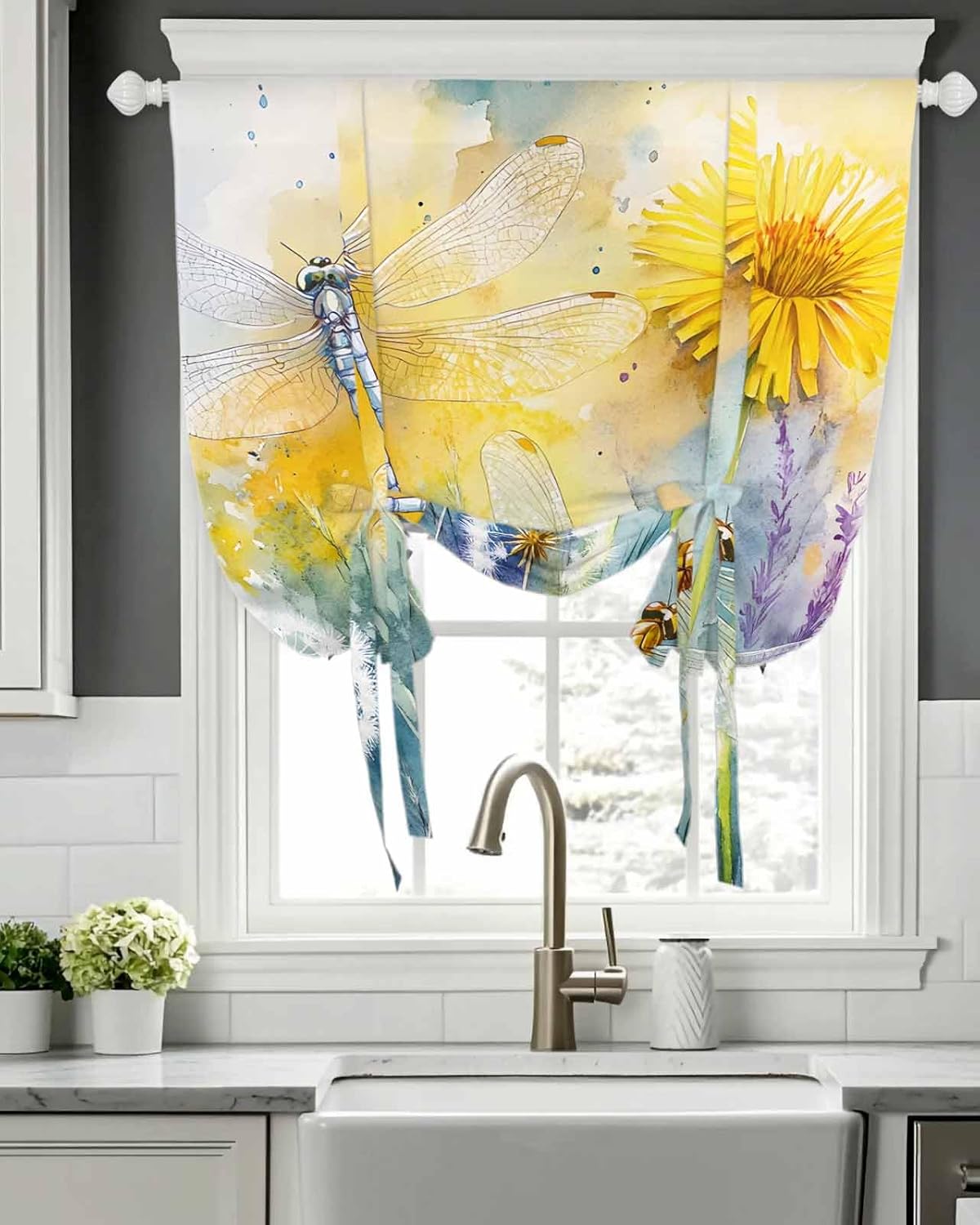 Tie Up Curtain for Windows Dragonfly Flower Balloon Window Shades for Bedroom Bathroom Adjustable Rod Pocket Spring Pastoral Window Treatment Curtains Valance for Kitchen 52" W x 63" L