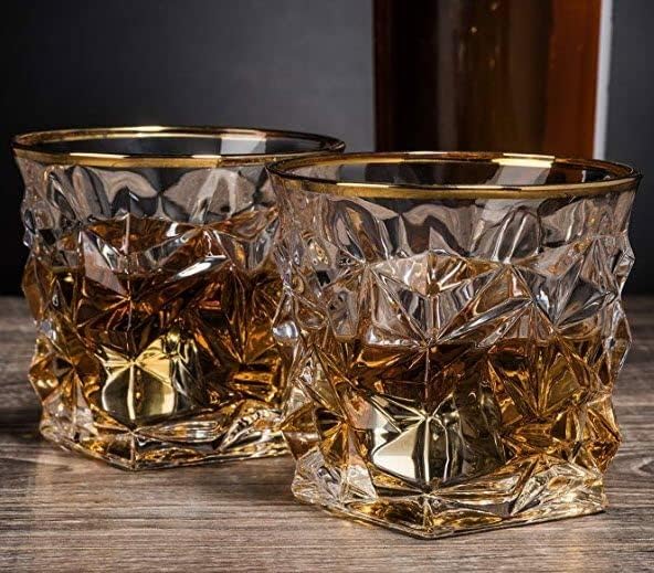 PrimeWorld Diamond Gold Rim Romantic European Crystal Whiskey Glasses Set of 6 pcs- 300 ml Bar Glass for Drinking Bourbon, Whisky, Scotch, Cocktails, Cognac- Old Fashioned Cocktail Tumblers