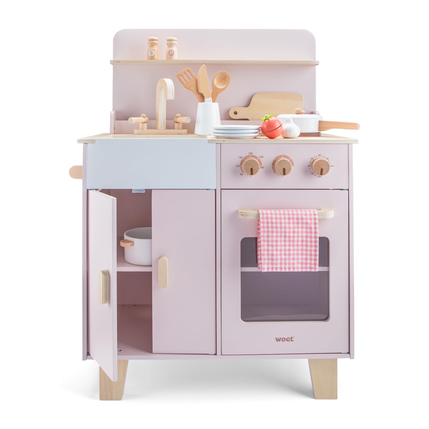 Woet® Cocina de Juguevo en Madera Beige para Niños - con Horno, Fregadero y Accesorios - Set de Cocina de Imitación - A Partir de 3 Años (Rosa)