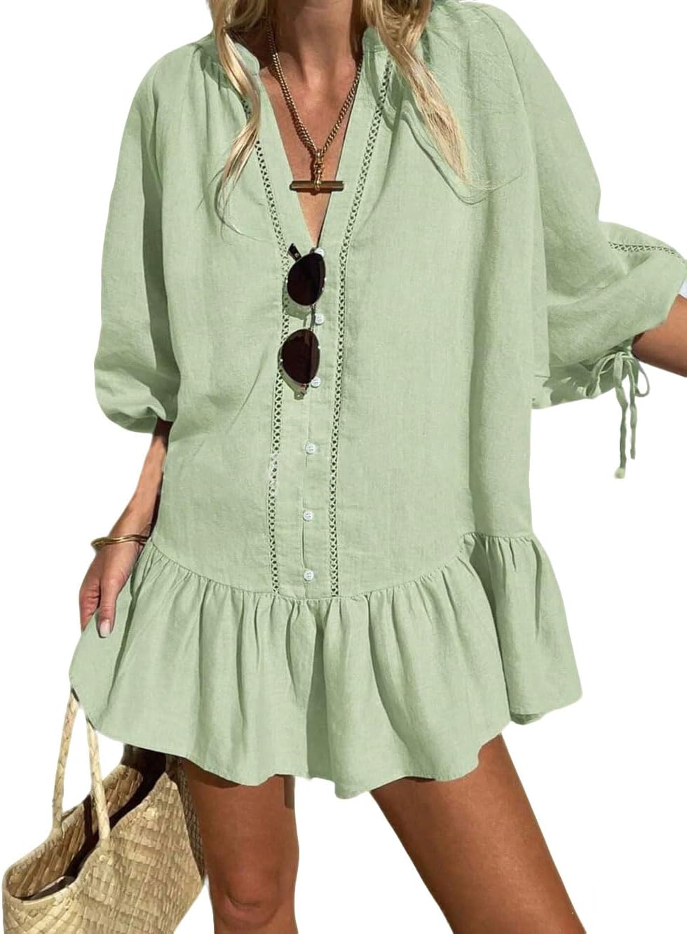 CHARTOU Women Summer Lace Ruffle Mini Dress 3/4 Bow Sleeve Beach Loose Peplum Babydoll Dress