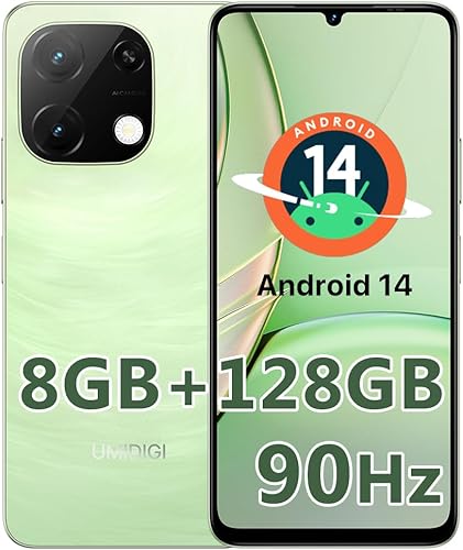 UMIDIGI Teléfono celular desbloqueado G9T, SIM 4G dual, 4GB+128GB1TB TF, teléfono inteligente Android 14, pantalla HD+ 90Hz de 6.75", batería de