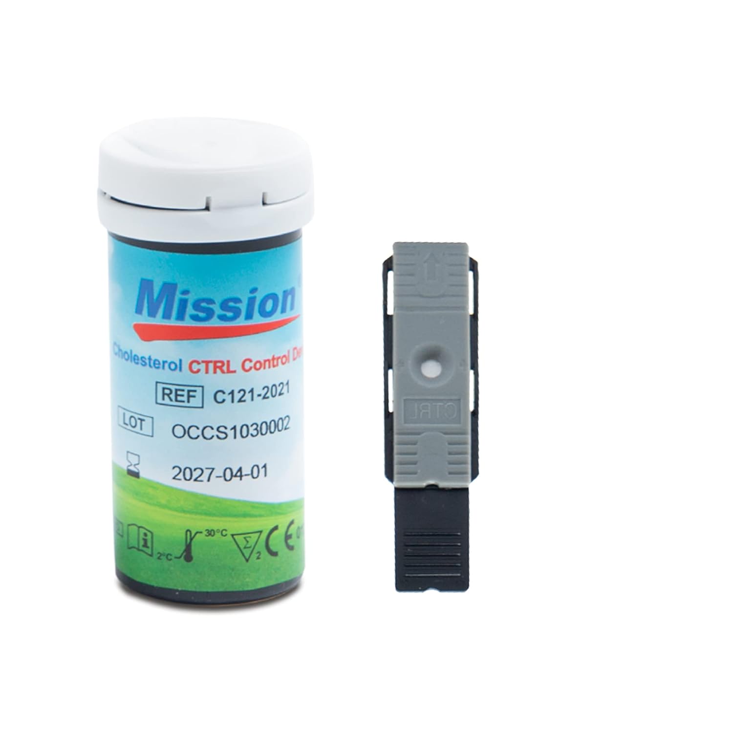 A Mission Cholesterol control solution bottle and a single test strip.
