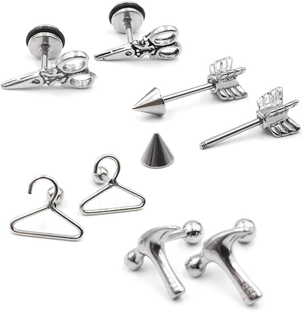 FANCER 8 PCS 316L Tragus Cartilage Piercing Scissors Arrow Ear Stud Biker Gothic Punk Funky Men Earrings