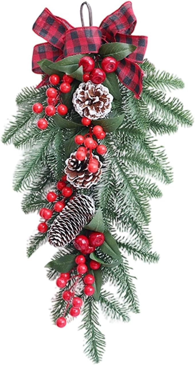 Christmas Teardrop Swag Artificial Red Berry Front Door Fireplace Hanging Ornaments for Holiday Front Door Decoration (2pcs Green, 19 Inch)