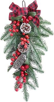 Christmas Teardrop Swag Artificial Red Berry Front Door Fireplace Hanging Ornaments for Holiday Front Door Decoration Green, 19 Inch